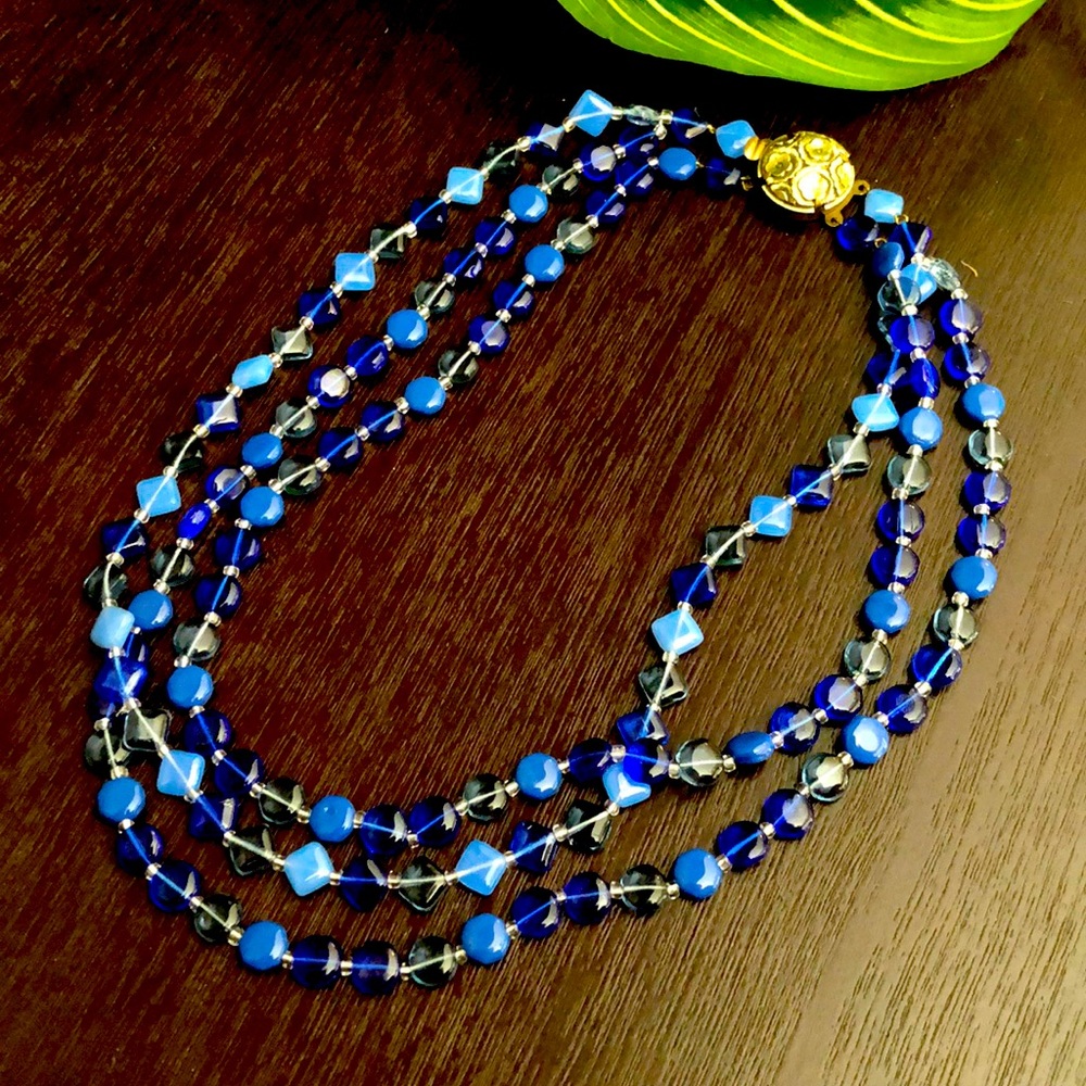 Blue Glass Three-Strand Necklace